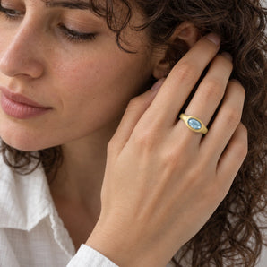 18KT Yellow Gold Vermeil Oval Aquamarine Sandblasted Ring The Horizon Worn View