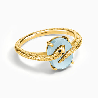18KT Yellow Gold Vermeil Oval Aquamarine Wrap Serpent Ring - Coiled Sanctum Front View