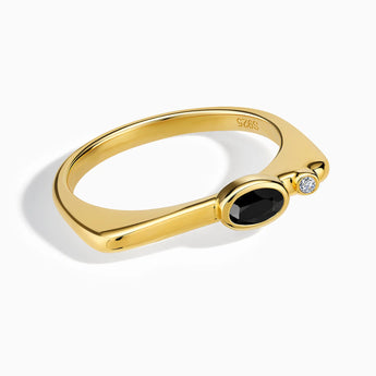 18KT Yellow Gold Vermeil Oval Black Onyx Puzzle Stacking Ring - Minimal Form Front View