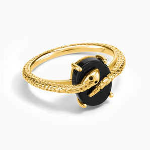 18KT Yellow Gold Vermeil Oval Black Onyx Wrap Serpent Ring - Coiled Sanctum Front View