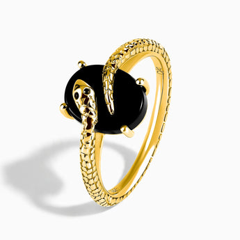 18KT Yellow Gold Vermeil Oval Black Onyx Wrap Serpent Ring - Coiled Sanctum Side View