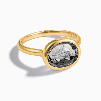 18KT Yellow Gold Vermeil Oval Black Rutilated Quartz Bezel Ring - Contour Front View