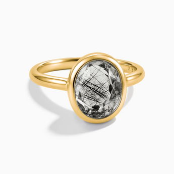 18KT Yellow Gold Vermeil Oval Black Rutilated Quartz Bezel Ring - Harmony Front View