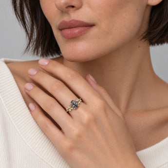 18KT Yellow Gold Vermeil Oval Black Rutilated Quartz Branch Like Ring Sylvan Charm Model Shot