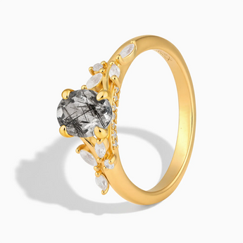 18KT Yellow Gold Vermeil Oval Black Rutilated Quartz Branch-Like Ring - Sylvan Charm Side View