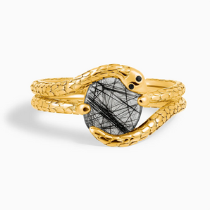 18KT Yellow Gold Vermeil Oval Black Rutilated Quartz Coil Ring - Serpent's Embrace Front View