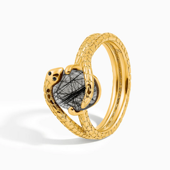 18KT Yellow Gold Vermeil Oval Black Rutilated Quartz Coil Ring - Serpent's Embrace Side View