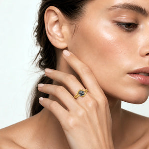 18KT Yellow Gold Vermeil Oval Black Rutilated Quartz Coil Ring - Serpent's Embrace Model Shot