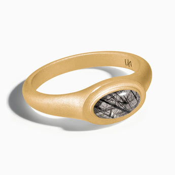 18KT Yellow Gold Vermeil Oval Black Rutilated Quartz Sandblasted Ring - The Horizon Front View