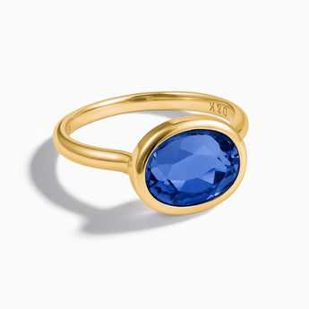 18KT Yellow Gold Vermeil Oval Blue Sapphire Bezel Ring - Contour Front View