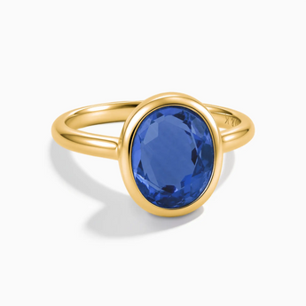 18KT Yellow Gold Vermeil Oval Blue Sapphire Bezel Ring - Harmony Front View