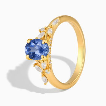 18KT Yellow Gold Vermeil Oval Blue Sapphire Branch-Like Ring - Sylvan Charm Side View