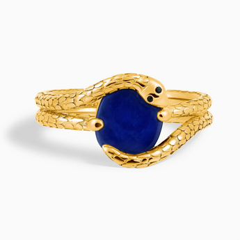 18KT Yellow Gold Vermeil Oval Blue Sapphire Coil Ring - Serpent's Embrace Front View