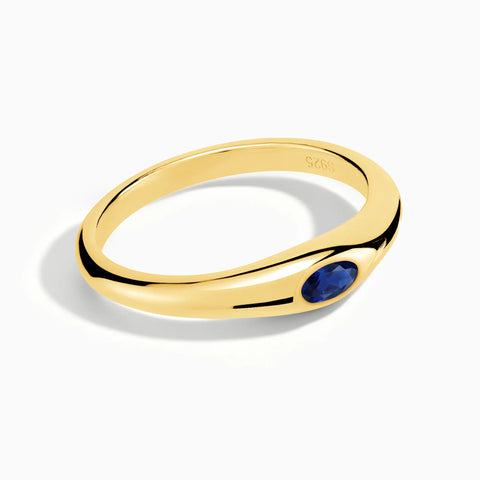 18KT Yellow Gold Vermeil Oval Blue Sapphire Dome Ring - Orbis Stack Front View