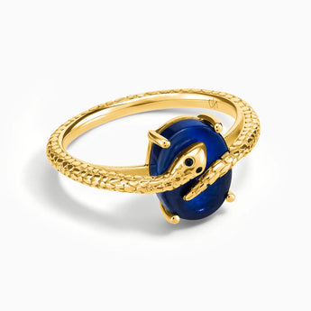 18KT Yellow Gold Vermeil Oval Blue Sapphire Wrap Serpent Ring - Coiled Sanctum Front View