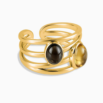 18KT Yellow Gold Vermeil Oval Citrine & Smoky Quartz Ring - Echo of Balance Front View