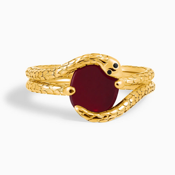 18KT Yellow Gold Vermeil Oval Garnet Coil Ring - Serpent's Embrace Front View