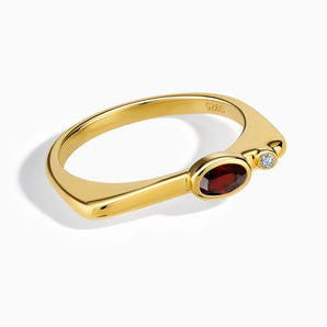 18KT Yellow Gold Vermeil Oval Garnet Puzzle Stacking Ring - Minimal Form Front View