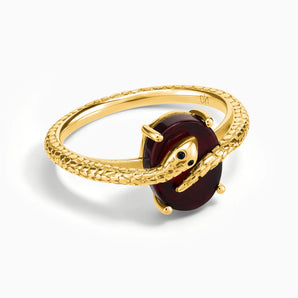 18KT Yellow Gold Vermeil Oval Garnet Wrap Serpent Ring - Coiled Sanctum Front View