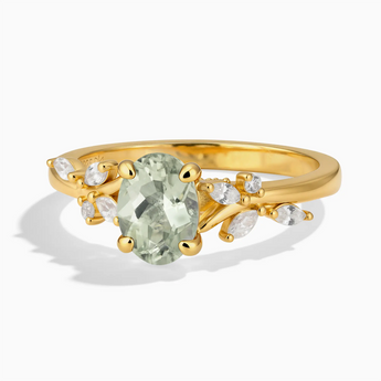18KT Yellow Gold Vermeil Oval Green Amethyst Branch-Like Ring - Sylvan Charm Front View