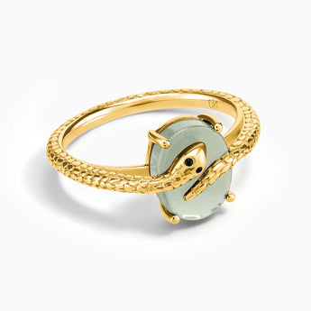 18KT Yellow Gold Vermeil Oval Green Amethyst Wrap Serpent Ring - Coiled Sanctum Front View