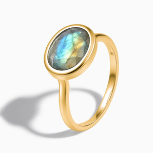 18KT Yellow Gold Vermeil Oval Labradorite Bezel Ring - Contour Side View
