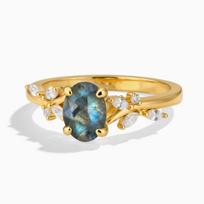 18KT Yellow Gold Vermeil Oval Labradorite Branch-Like Ring - Sylvan Charm Front View