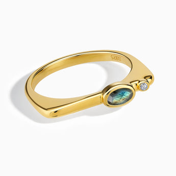 18KT Yellow Gold Vermeil Oval Labradorite Puzzle Stacking Ring - Minimal Form Front View