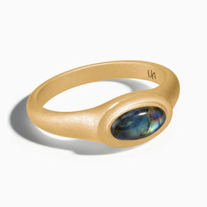 18KT Yellow Gold Vermeil Oval Labradorite Sandblasted Ring - The Horizon Front View