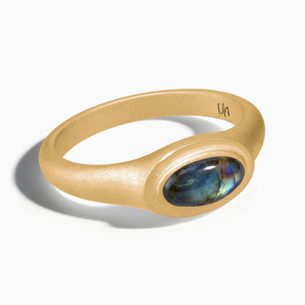 18KT Yellow Gold Vermeil Oval Labradorite Sandblasted Ring - The Horizon Front View