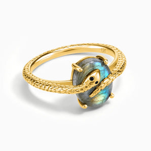 18KT Yellow Gold Vermeil Oval Labradorite Wrap Serpent Ring - Coiled Sanctum Front View