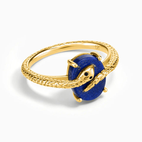 18KT Yellow Gold Vermeil Oval Lapis Lazuli Wrap Serpent Ring - Coiled Sanctum Front View