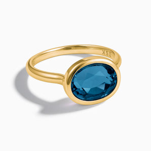 18KT Yellow Gold Vermeil Oval London Blue Topaz Bezel Ring - Contour Front View