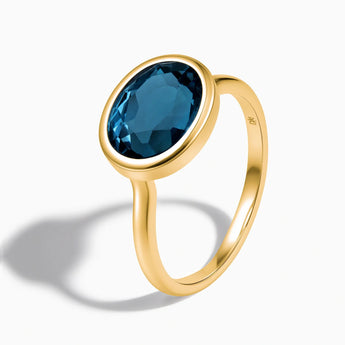 18KT Yellow Gold Vermeil Oval London Blue Topaz Bezel Ring - Contour Side View