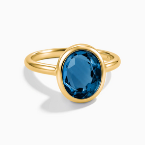 18KT Yellow Gold Vermeil Oval London Blue Topaz Bezel Ring - Harmony Front View