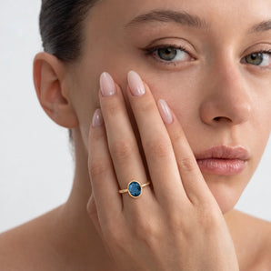 18KT Yellow Gold Vermeil Oval London Blue Topaz Bezel Ring - Harmony Model Shot