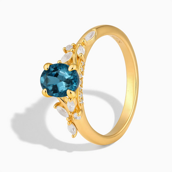 18KT Yellow Gold Vermeil Oval London Blue Topaz Branch-Like Ring - Sylvan Charm Side View