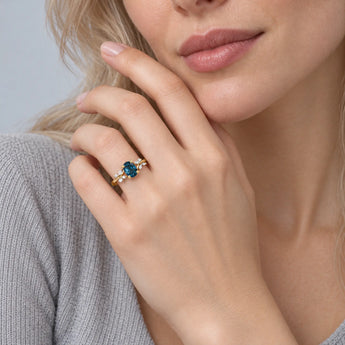 18KT Yellow Gold Vermeil Oval London Blue Topaz Branch Like Ring Sylvan Charm Worn View