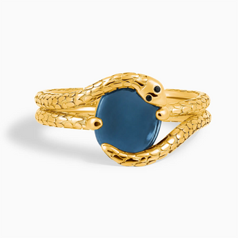 18KT Yellow Gold Vermeil Oval London Blue Topaz Coil Ring - Serpent's Embrace Front View