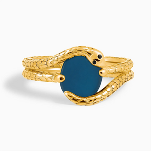 18KT Yellow Gold Vermeil Oval London Blue Topaz Coil Ring - Serpent's Embrace Front View