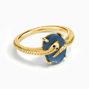 18KT Yellow Gold Vermeil Oval London Blue Topaz Wrap Serpent Ring - Coiled Sanctum Front View