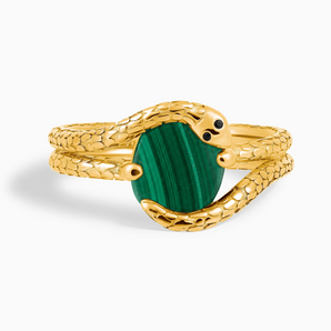 18KT Yellow Gold Vermeil Oval Malachite Coil Ring - Serpent's Embrace Front View