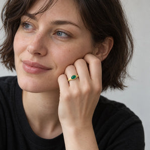 18KT Yellow Gold Vermeil Oval Malachite Sandblasted Ring The Horizon Model Shot