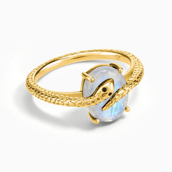 18KT Yellow Gold Vermeil Oval Moonstone Wrap Serpent Ring - Coiled Sanctum Front View