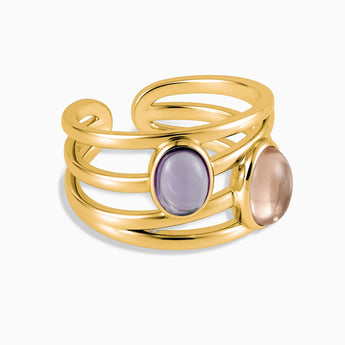 18KT Yellow Gold Vermeil Oval Morganite & Amethyst Ring - Echo of Balance Front View
