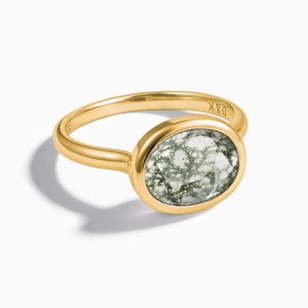 18KT Yellow Gold Vermeil Oval Moss Agate Bezel Ring - Contour Front View