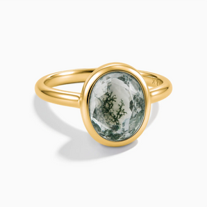 18KT Yellow Gold Vermeil Oval Moss Agate Bezel Ring - Harmony Front View