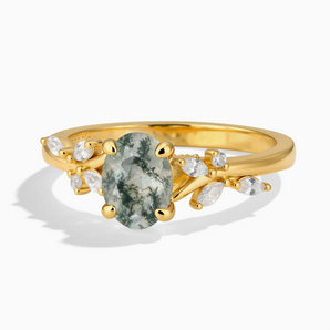 18KT Yellow Gold Vermeil Oval Moss Agate Branch-Like Ring - Sylvan Charm Front View