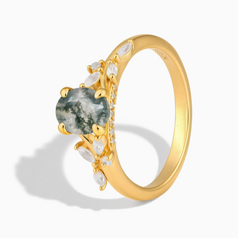 18KT Yellow Gold Vermeil Oval Moss Agate Branch-Like Ring - Sylvan Charm Side View