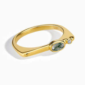 18KT Yellow Gold Vermeil Oval Moss Agate Puzzle Stacking Ring - Minimal Form Front View